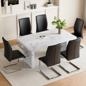 Table and chair set.63"*35.4" White Imitation Marble Pattern MDF Dining Table Set - 6 Soft and Comfortable Black PU Chair With Arched Metal Silver Leg.Create Your Exclusive Low-Key Luxury Space.