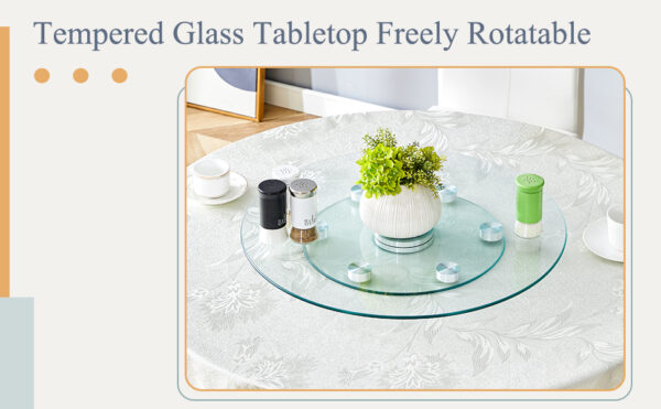 b3668b6a25554776a447dbb01fe3a0aa_7e5e968147f90dbf6c2fec35d2d598e7 Double layer rotatable round glass.The rotatable design makes it more convenient to retrieve and place items.The upper glass has a diameter of 24 inches, while the lower glass15 inches.