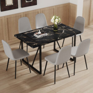 Table and chair set.Modern Black Marble Pattern MDF Dining Set - 55"x31.4" with 6 Light Gray Linen Fabric Chairs.Iron Pipe Spraying Chair Legs.Suitable for kitchen,Dining room,etc.