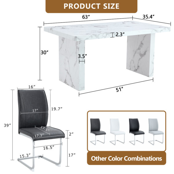 b388dd5d43fa42ccb01468cc0400ecd2_791e3468c71a29669fad75ac8cd349bb Table and chair set.63"*35.4" White Imitation Marble Pattern MDF Dining Table Set - 4 Soft and Comfortable Dark Gray PU Chair With Arched Metal Silver Leg.Create Your Exclusive Low-Key Luxury Space.