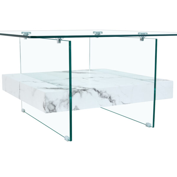b3a8d99b50bc472e934e836e9a590878_be607c447e0e2e78c0748c1c1c65fbd0 31.4 Inch Modern Two-Tier Square Coffee Table - An Elegant Combination of Clear Glass and White Marble Pattern Sticker.It can be used as a coffee table,a side table or a display stand.