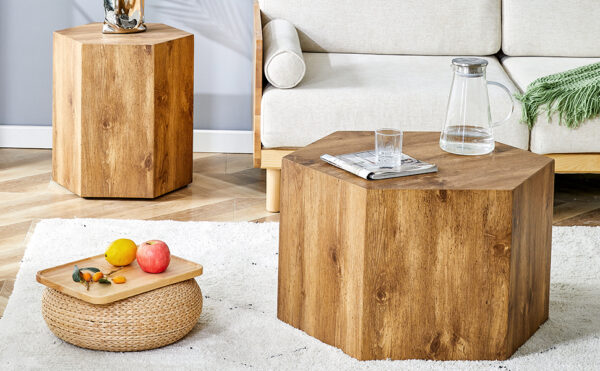 b3cf0195922e496a92dbf2624a1772ca_d16bceeee99edef07cc80a156a72cb5c Modern Minimalist Set of Two Hexagonal Wood-Grain MDF Coffee Tables.Modern MDF coffee table, with complex texture patterns, style and texture coffee table to redefine your interior decoration.