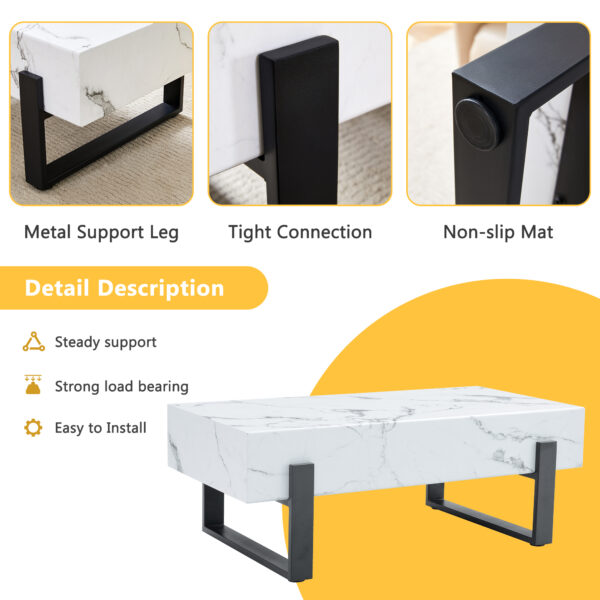 b3e4244f26824a6c88ffe1befd4bdf52_7ae0c70eb03c1ef8d215528440c6c1ca 47.2"x23.6" Black and White Minimalist MDF Marble-Patterned Coffee Table.White marble pattern sticker,Black metal leg spray coating,MDF Coffee table.Showcasing a modern and simple style.