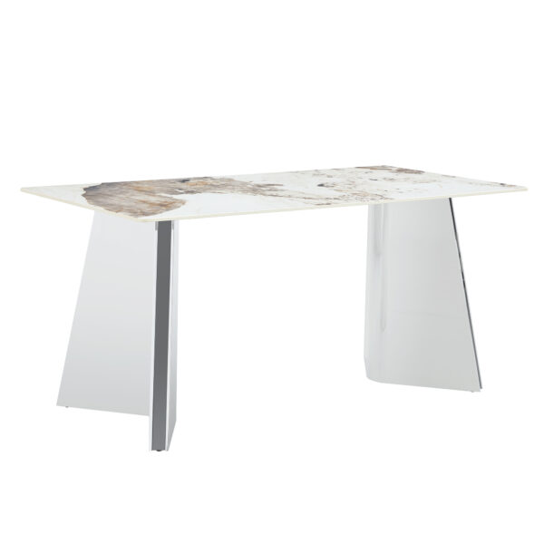 b3e5bd36f2b14140a0bdeaaca53a096f_a00a8d6f5fe58724ba81477eebdf8708 Table and chair set.63"x31.5x30" Luxurious Pandora patterned Sintered Stone Tabletop with Silver Stainless Steel Butterfly Legs.Paried With 4 Dark Gray High-quality PU Chairs With Arched Metal Legs.