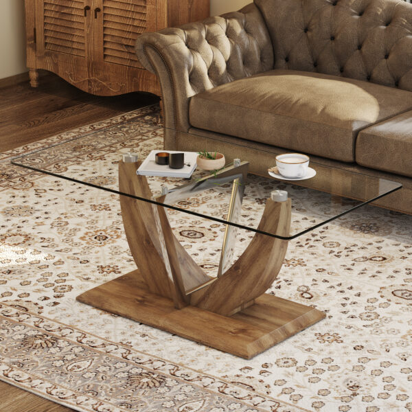 b3ebc71bc1c44a5cba8d830b39e3a416_20240321_2c8ca868da8b5a370e07c1555f9c5f46 Modern minimalist transparent tempered glass coffee table with wooden MDF legs and stainless steel decorative columns. Computer desk. Game table. CT-907
