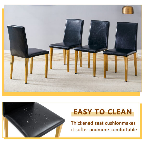 b3f72d57c31549c8974adbad0debd24a_63fcf284c6cb470c7f634c61fe246f69 Table and chair set.71 * 35.4 inch rectangular dining table.Tempered Glass Tabletop,Golden 7-shaped Metal Table Legs.Paried With 8 Black PU dining chairs, Golden Metal Legs.Simple and versatile.