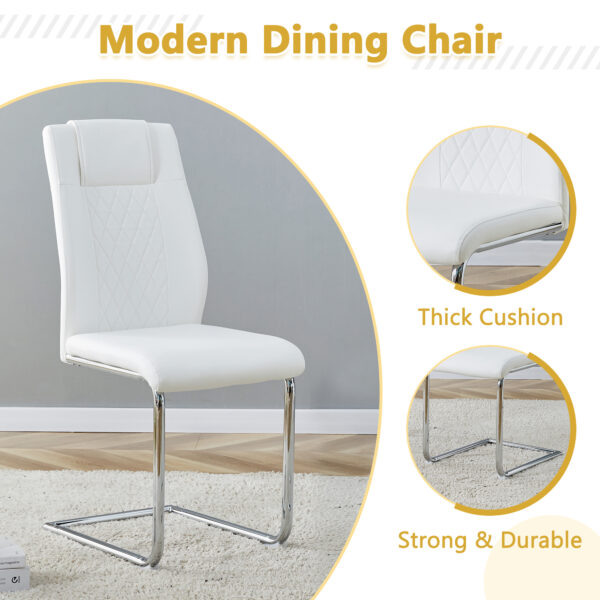 b44e483dfed8421f9a810cfa1aa243c8_8755ea68824665a5a65d9e1316ffa8a0 Table and chair set.55"x31.4" Cream-Style White MDF Dining Table Set with 6 White Chairs With Silver Metal Legs.MDF Tabletop and metal frame legs.Adding a warm and gentle atmosphere to your family.