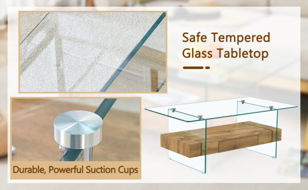 b456bf7c1af0409e9a45299ca90dfd7d_ffce73c32b48f1c512d12bfe89d2594b 43.3 Inch Modern Two-Tier Coffee Table - Clear Tempered Glass and Natural Wood Grain, Multifunctional Storage Design.The bottom tier includes a drawer.Can be used as a coffee table,side table,etc.