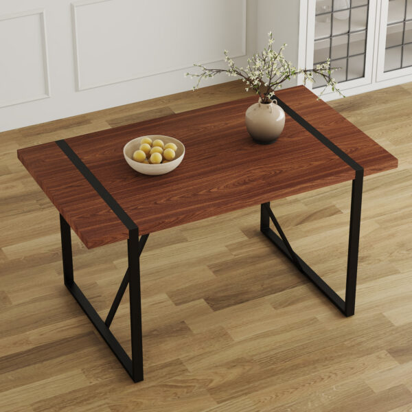 b464dda32e3a410b8a2e6412c41d1c4d_1fbe8cf2ecd07fcb96046f39a8e56ec8 Industrial Rectangular MDF Walnut Color Wood Grain Dining Table for 4-6 people with 1.5 inch thick MDF top and black metal legs for desks, kitchens, patios, dining rooms.