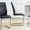 A modern minimalist style round transparent tempered glass table with gold metal legs, paired with 4 modern PU leather high-back dining chairs, bring a luxurious experience.