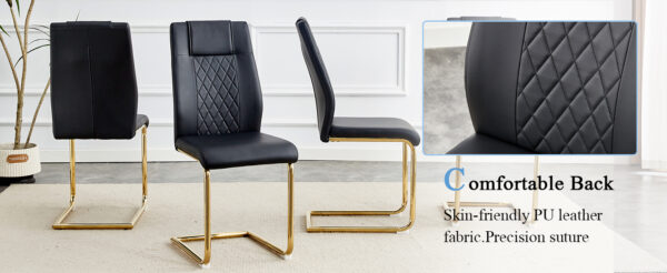 b471bdccd5af4a89abc4e66ed7da2be0_dccff0dca8a5f6bd4b6111704b2afd19 A modern minimalist style round transparent tempered glass table with gold metal legs, paired with 4 modern PU leather high-back dining chairs, bring a luxurious experience.