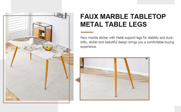 b4999642893e496ab0170afbde9efa4e_e19083d9fbdd4fbd486e2cda5b4141ef Modern minimalist dining table. White imitation marble pattern SINTERED STONE desktop with golden metal legs.62.2"*34.6"*30" F-001