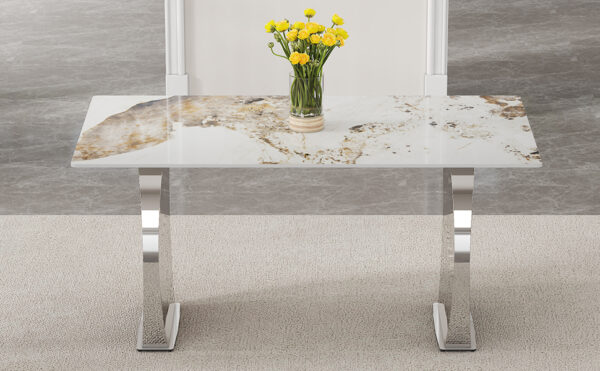 b4e91506d3dc4e4ca4d4fdc52de99d9c_b4357532c1d0a799b68198b77657077b Modern rectangular dining table, imitation marbled rock plate table top, stainless steel table legs, suitable for kitchen, dining room, living room 63 inches * 31.4 inches.