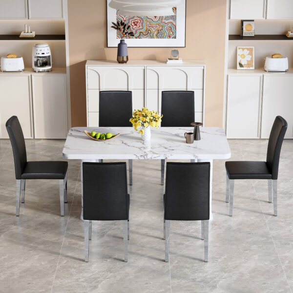 b51143b1a3d44050aace27e767ff4c81_a094990b5e4fc0869b226f0102362447 Table and chair set.64.5x35.4 Inch Stylish White Marble Textured Dining Table.Paried With 6 Black PU dining chairs, Silver Metal Legs.Simple and versatile.High Elasticity Sponge Filling.