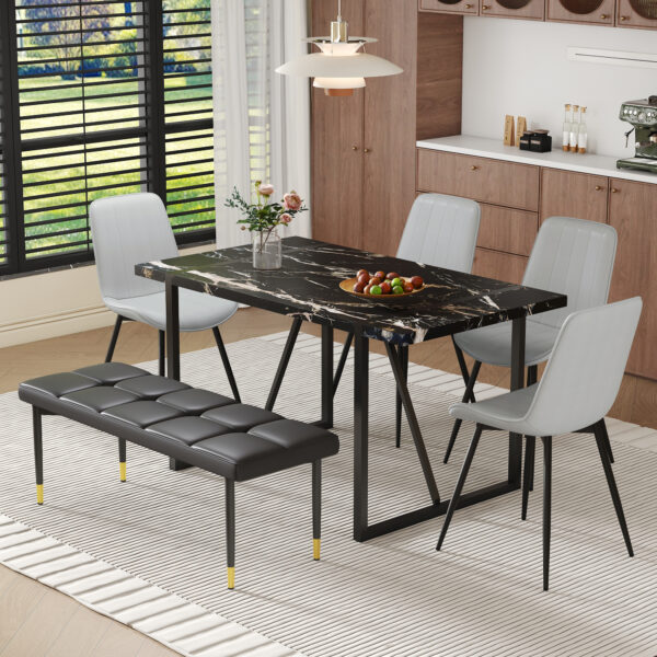 b51737c230a6476389fc918592039a17_da04246fc97b1d13f94b2a8940579f9d Table and chair set.Modern Black Marble Pattern MDF Dining Table Set - 55"x31.4" with 4 Extended Seat Cushion PU Dining Chairs and 1 Bench,A Choice of Subtle Luxury for Modern Homes.
