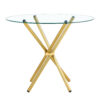 Round clear glass dining table with a unique shape for 4-6 people, with ring-shaped gathered gold metal legs, suitable for desks, kitchens, terraces, dining rooms.