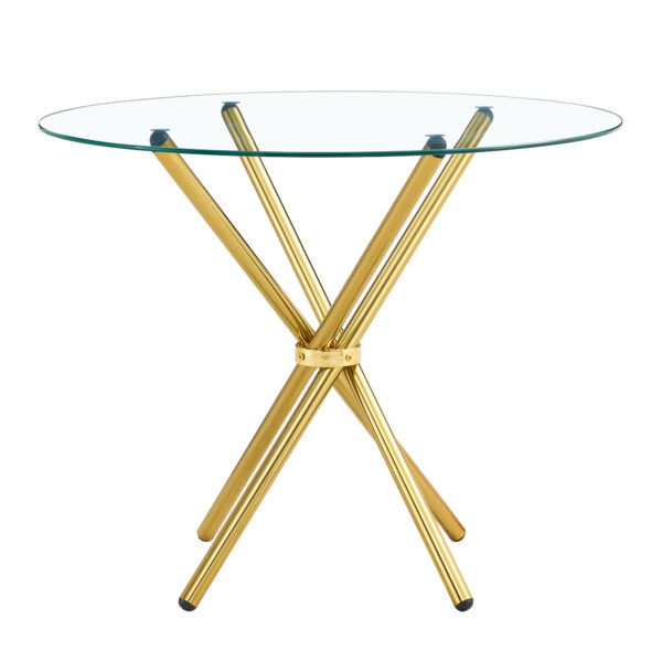b519b297a1884abe8772bc671113a7c1_34ad98bb157f266ce01a9f815d510bea Round clear glass dining table with a unique shape for 4-6 people, with ring-shaped gathered gold metal legs, suitable for desks, kitchens, terraces, dining rooms.