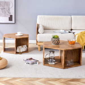 Modern Minimalist Wood color Hexagonal Coffee Table Set.Hexagonal MDF coffee table, characteristic pattern stickers, multi-hole design to give more storage space.Two coffee tables of different sizes.