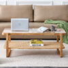 Modern simple rectangle double-layer solid wood Glass desktop tea table rattan woven Chinese side table small rectangle table suitable for living room, dining room and bedroom