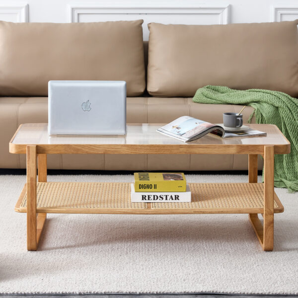b52de3dcd46a40b19fb263296814ba92_20231214_567e1ef14137ba78decc78697c67b690 Modern simple rectangle double-layer solid wood Glass desktop tea table rattan woven Chinese side table small rectangle table suitable for living room, dining room and bedroom