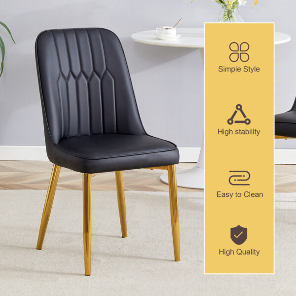 b5313e8cdd03452ab27a67688fc97a3a_9732ebb4018f1b792c3dd0049cddf882 Table and chair set.63"x31.5x30" Luxurious Cold Jade Patterned Sintered Stone Table with Golden Stainless Steel Legs.Paried With 4 Black PU Chairs with Simple Line Designs On The Backrest.