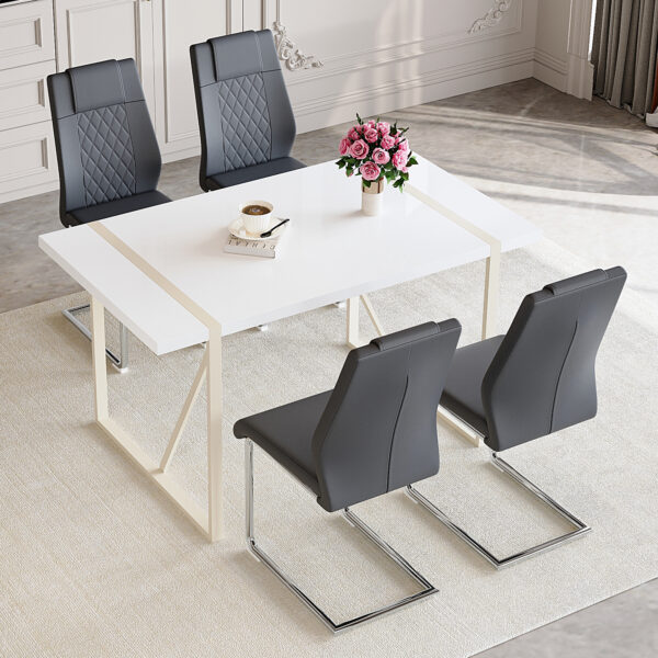 b54c43e0fe674e8db73246d1f75c9c25_b741deb203b9b60dc402a456900e62d7 Table and chair set.55"x31.4" Cream-Style White MDF Dining Table Set with 4 Dark Gray Chairs With Silver Metal Legs.MDF Tabletop and metal frame legs.Adding a warm atmosphere to your family.