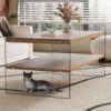Double layered rectangular coffee table.The board is made of MDF with wooden stickers, with transparent tempered glass on both side.Suitable for various occasions such as living rooms and bedrooms.