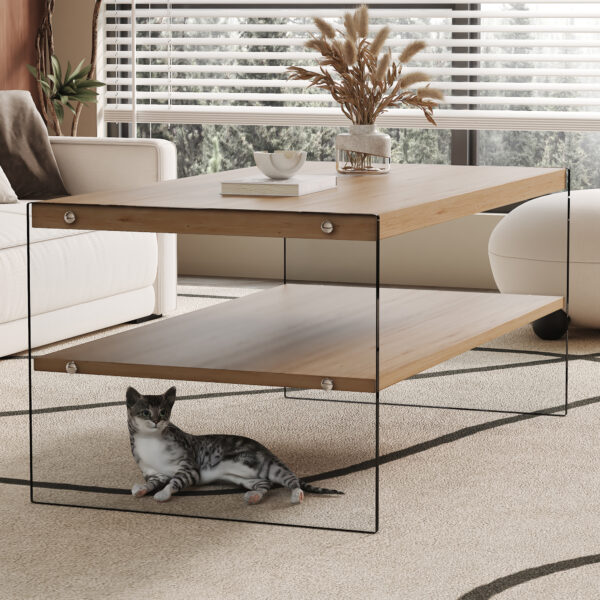 Double layered rectangular coffee table.The board is made of MDF with wooden stickers, with transparent tempered glass on both side.Suitable for various occasions such as living rooms and bedrooms.