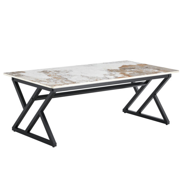 b5a96076d2ec4a60be2b87332a6d9c48_5d16815c6e95f7c2c459c1f1206c4587 A coffee table is made of rock slab material, with a natural and smooth marble pattern on the surface, which complements the modern design of the black metal legs and adds a touch of fashion.47*23.6