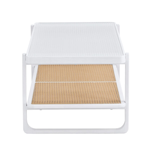 b5b912f0b2394aef985195c2e7fddf06_20240123_793e54a392ed72f3f6307aaef728d6c5 Modern minimalist white double layered solid wood coffee table. Glass tabletop, imitation rattan edge table. Rectangular table suitable for living room, dining room, and bedroom