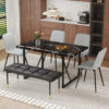 Table and chair set.Modern Black Marble Pattern MDF Dining Table Set - 55"x31.4" with 4 Extended Seat Cushion PU Dining Chairs and 1 Bench,A Choice of Subtle Luxury for Modern Homes.