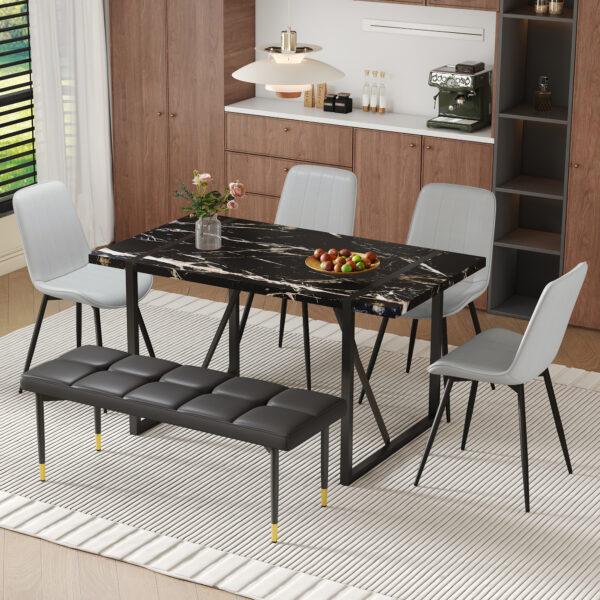 b62038fb0bd14620aeb010c3bc27d433_87fd2f9bdec3bb0a5b9c59d76a331531 Table and chair set.Modern Black Marble Pattern MDF Dining Table Set - 55"x31.4" with 4 Extended Seat Cushion PU Dining Chairs and 1 Bench,A Choice of Subtle Luxury for Modern Homes.