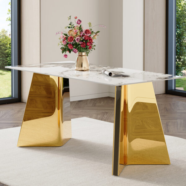 b621f08409cb4309bb67de86bce82e94_33c6d998b85f30bad09cecf674c53db8 63"x31.5x30" Pandora Patterned Sintered Stone Dining Table with Golden Stainless Steel Butterfly Legs.The tabletop is designed to be scratch and heat resistant.Slabs Tabletop,Stainless Steels Legs.