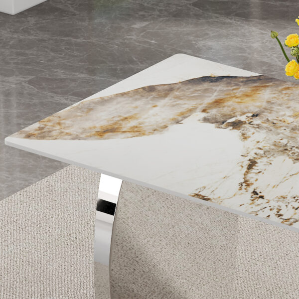 b631c66dc9d94a5bae1e48bb0ee4f4ed_94c6b2abcb3fe52cb0220e4b6919436f Modern rectangular dining table, imitation marbled rock plate table top, stainless steel table legs, suitable for kitchen, dining room, living room 63 inches * 31.4 inches.