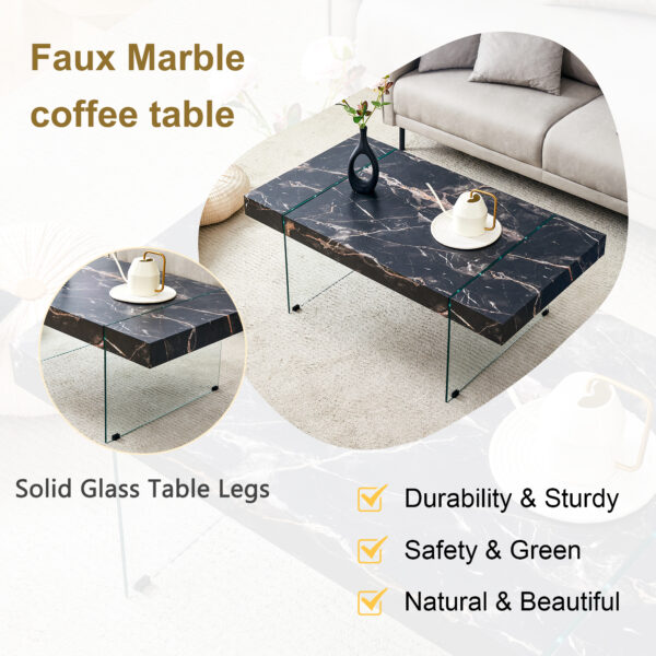 b63c8cb564764c0a8a97b46ce0fa107c_97ebbe8c2f27b8afa90fe198d17a4c6a 43.3"x23.6" Black Marble-Patterned MDF Coffee Table with Tempered glass legs.Suitable for Living Room.It can be used not only as a coffee table but also as a side table or display stand.