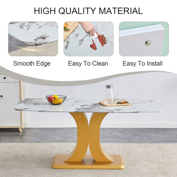 Table and chair set.71"x35.4"x30" Luxurious Pandora Patterned Glass Dining Tabletop with Golden Back To Back C-Shaped MDF Legs.Paried With 8 Black High-quality PU Chairs With Arched Metal Legs.