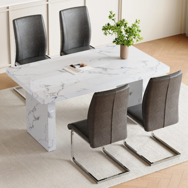 b652e6af76a94b1aac521a15dd2060eb_eefcedd9a7c337bd342463e01a70cb3b Table and chair set.63"*35.4" White Imitation Marble Pattern MDF Dining Table Set - 4 Soft and Comfortable Dark Gray PU Chair With Arched Metal Silver Leg.Create Your Exclusive Low-Key Luxury Space.