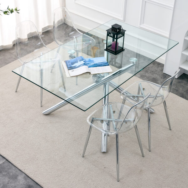 b65e47d70ec04d32b04b0982f79a8bed_20230114_8195598ffa5318e1da11c0b6e62bf175 Modern minimalist transparent dining chair, plastic chair, armless crystal chair, Nordic creative makeup stool, negotiation chair, silver plated metal leg 6-piece set, TW-1200
