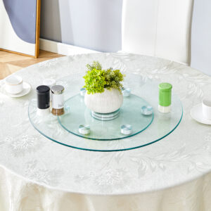 Double layer rotatable round glass.The rotatable design makes it more convenient to retrieve and place items.The upper glass has a diameter of 24 inches, while the lower glass15 inches.