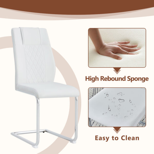 b6a6f50f4f994133b3ef9b3c1bcb4d1f_9f0de108fbedf3fb69135e0a2b46f93f Table and chair set.63"x31.5x30" Luxurious Snow Mountain Patterned Sintered Stone Table with Silver Stainless Steel Butterfly Legs.Paried With 6 White High-quality PU Chairs With Arched Metal Legs.