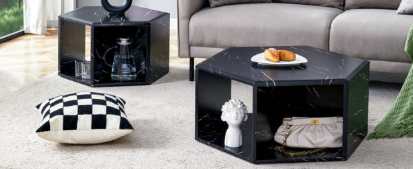 b6b568e4bfb94711a0f02911b42ae257_d23947e00ee41e430ba31509ce0df70a Modern Minimalist Black Hexagonal Coffee Table Set.Hexagonal MDF coffee table, characteristic pattern stickers, multi-hole design to give more storage space.Two coffee tables of different sizes.