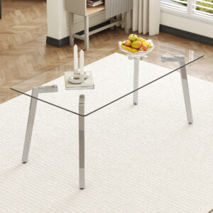 71 * 35.4 inch rectangular dining table. The transparent tempered glass tabletop is paired with silver 7-shaped metal table legs, showcasing a minimalist texture. Suitable for various places.