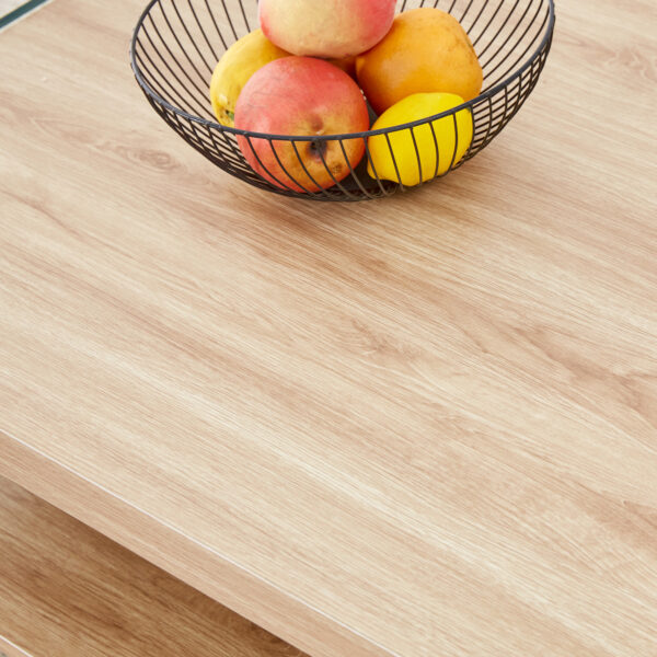 Three-tier side table and bunk coffee table set. The board is made of MDF with wood stickers and clear tempered glass on both sides. The design is simple and elegant, with powerful storage function