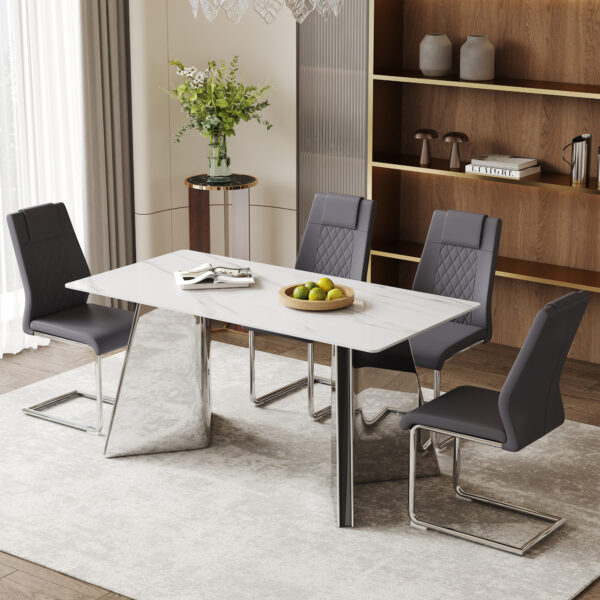 b712b6944ad740479e1705d8123b9d8c_712c58862813c1b317b2010d18770235 Table and chair set.63"x31.5x30" Luxurious Snow Mountain Patterned Sintered Stone Table with Silver Metal Butterfly Legs.Paried With 4 Dark Gray High-quality PU Chairs With Arched Metal Legs.