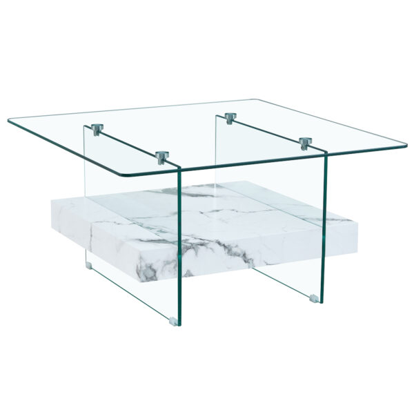 b7261a74cd05464986c54eb06cb6b1c1_b7da1e44b96187511c1b2955465ab6c4 31.4 Inch Modern Two-Tier Square Coffee Table - An Elegant Combination of Clear Glass and White Marble Pattern Sticker.It can be used as a coffee table,a side table or a display stand.