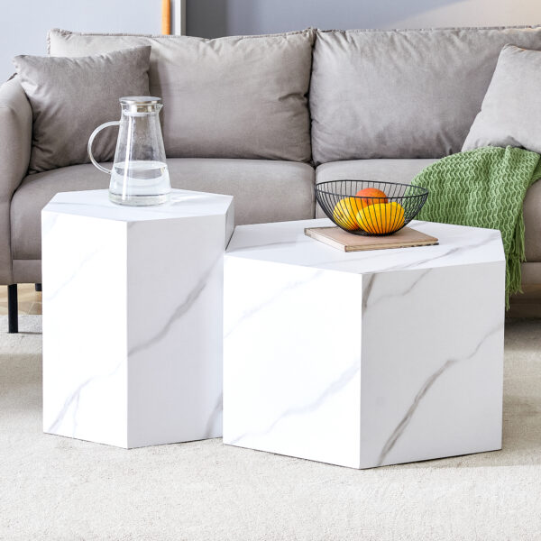 b73e16fdc0bd446f83c366bff49f85dd_e448e8d9a867adcf53f5e3a511140889 Modern minimalist style hexagonal white marble patterned MDF coffee table set (two-piece set) .Complex texture patterns, style and texture coffee table to redefine your interior decoration.