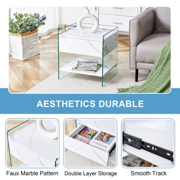 b743a6f89dab469e886e3171ef58867e_422e3fb86e05aa87789324ac2574d7f6 Bedside table with drawers. The board surface is MDF sticker, and both sides are transparent tempered glass. The design is simple and elegant, with excellent storage functions.