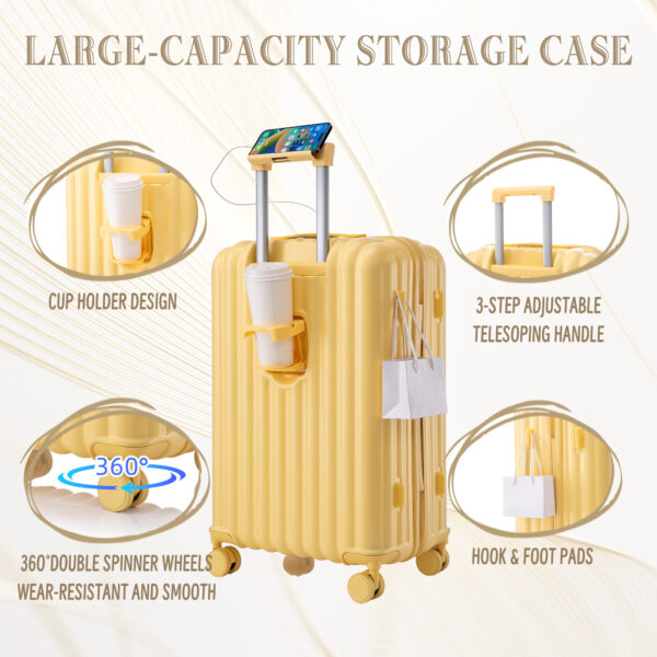20"/24"/28" 3 pcs/set in ABS Spinner Wheel Luggage, Carry on Suitcase, with Cup Holder & USB Port & Phone Holder (Yellow)
