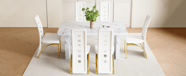 b7637163a61646008e0191592d211262_b314bfb24805872d8e5465c0221a0de0 Table and chair set.63"*35.4" White Imitation Marble Pattern MDF Dining Table Set - 6 PU Chair With White Saddleback, Geometric Pattern Backrest,Golden Curved Metal Leg.Suitable For Various Scenes.