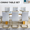 Table and chair set.Large modern rectangular table with 0.4 inch patterned glass tabletop and large MDF table legs.Comes with 8 chairs with faux leather cushioned seats and golden metal legs.